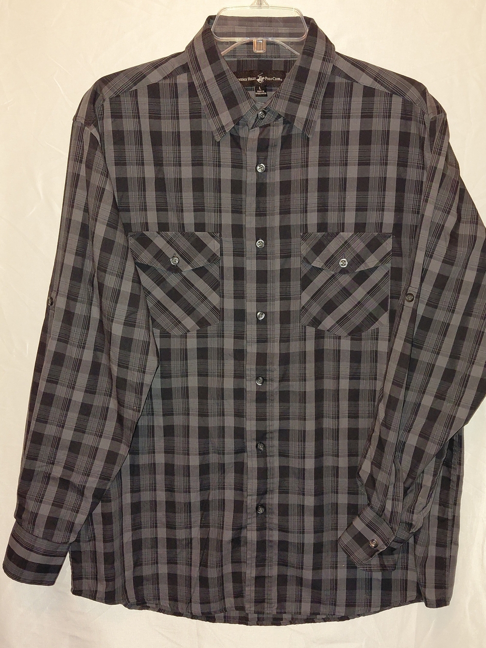 Beverly Hills Polo Club Men's Black and Gray Plaid Button-Down Shirt #2577